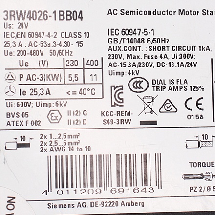 3RW4026-1BB04 Устройство плавного пуска Siemens