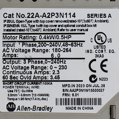 22A-A2P3N114 Преобразователь частоты Allen-Bradley (б/у)