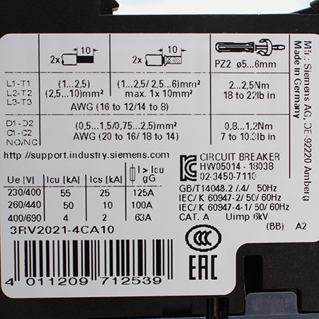 3RV2021-4CA10 Выключатель автоматический Siemens