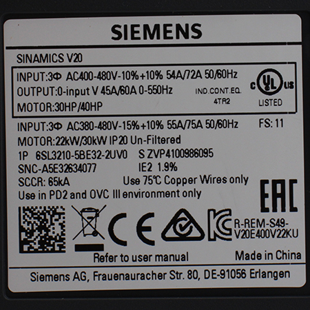 6SL3210-5BE32-2UV0 Преобразователь частоты Siemens