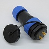 Герметичный разъем (комплект) с заглушкой SZC 28 2P-M-FB, вилка-розетка, 2 контакта,  диаметр входящего кабеля 15 мм, IP68, 45 А, 250 В, корпус PA66 UL94V-0, черный, накидные  гайки синие